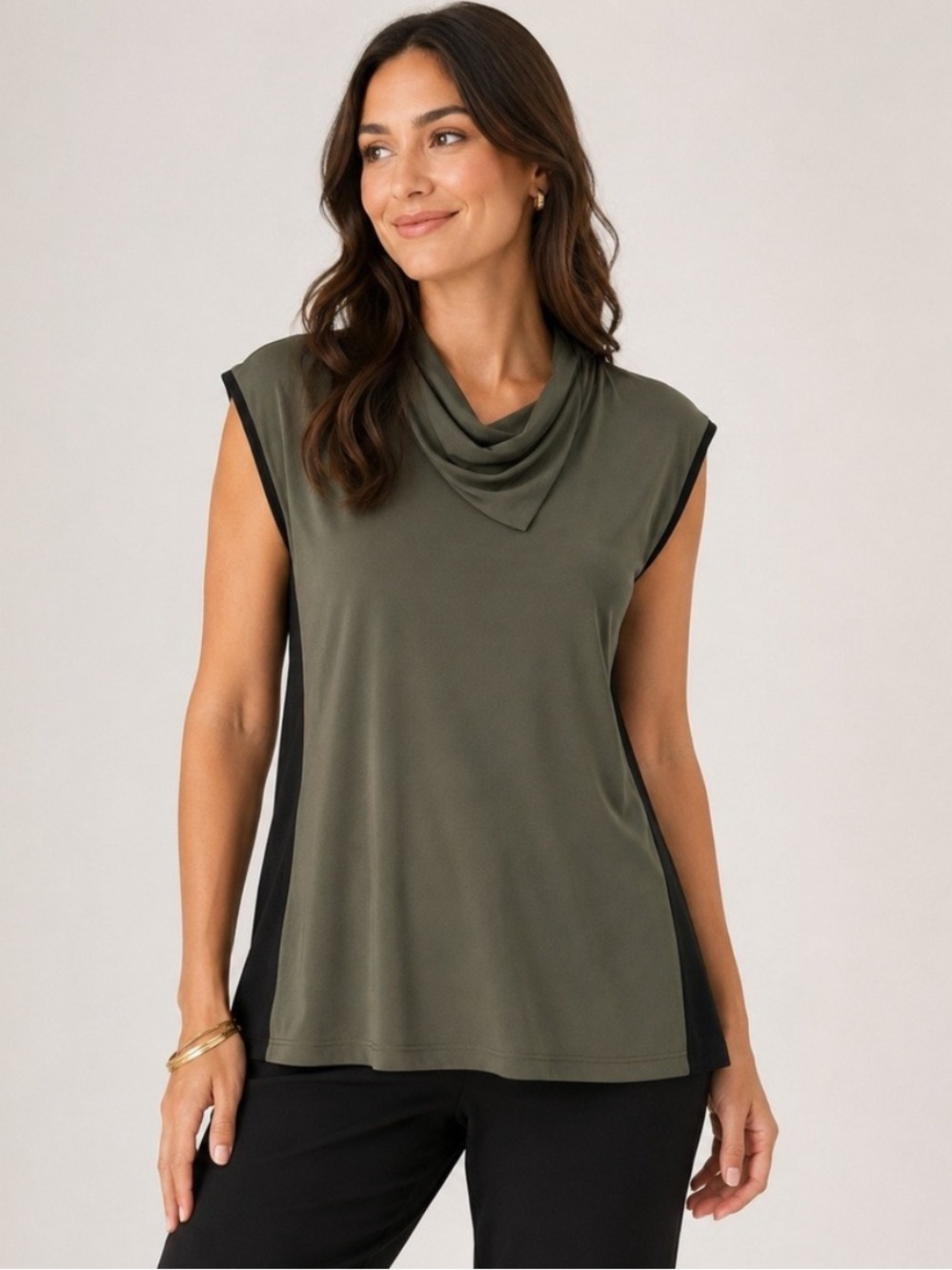 Joseph Ribkoff NEW Draped Cowl Neck Cap Sleeve Top Avocado Black Women 8